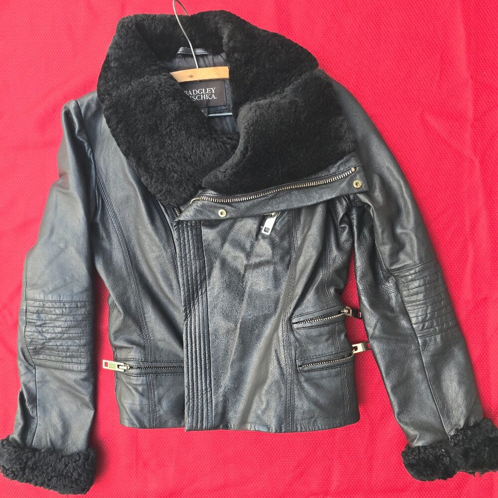 badgley mischka leather jacket with shearling collar